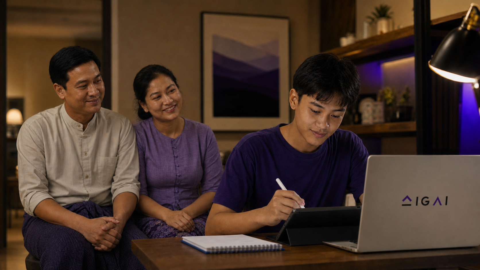 Parents watching their child study confidently with IGAI